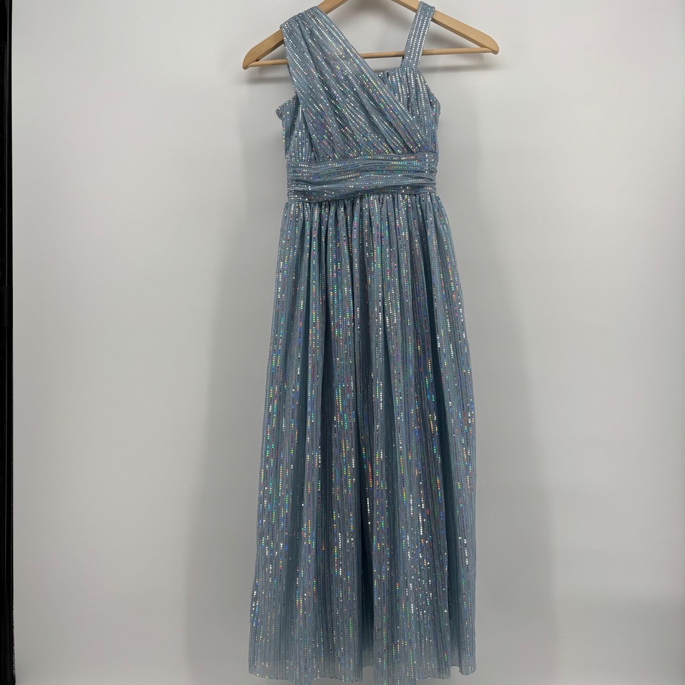 Nickie Lew Kids Maxi Dress 8 Blue Holographic Sequin One Shoulder Mermaidcore
